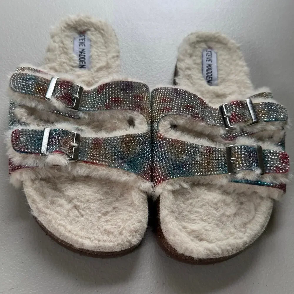 Steve Madden Girls JLEENA Tie Dye Rhinestone Faux Fur Slide Sandals - Size 4